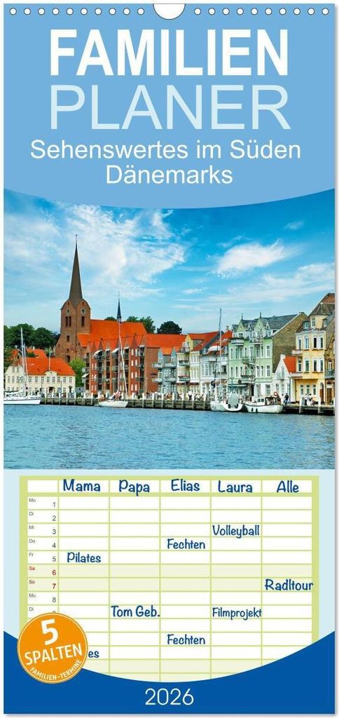 Familienplaner 2026 - Sehenswertes im Süden Dänemarks mit 5 Spalten (Wandkalender, 21 x 45 cm) CALVENDO