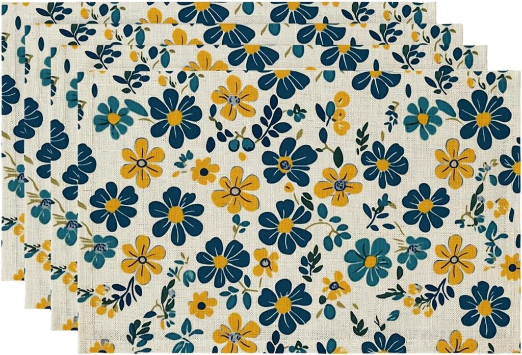 Boho-Tischsets 45x30 cm Leinen Blumen Abwischbar Set 4 Produktbild 