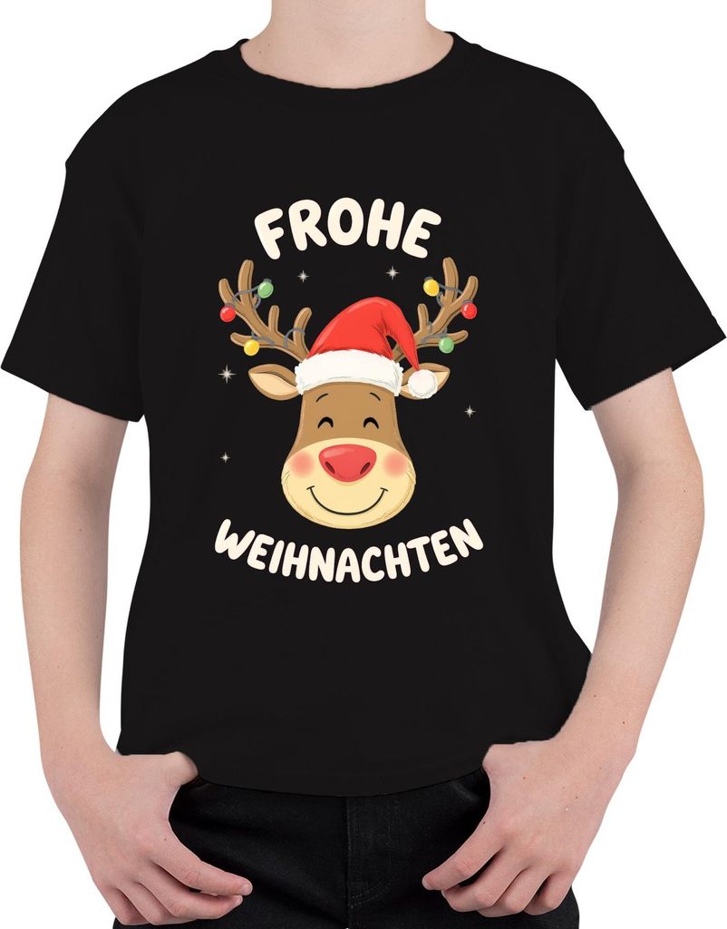 Frohe Weihnachten Rentier Weihnachtsmütze Cartoon Kinder Lustig Uni Kinder T-Shirt, Schwarz, 128
