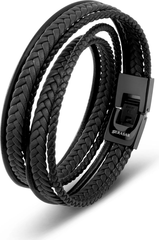 SERASAR | Leder Wickelarmband für Herren [Wrap] mit Schmuckschachtel | Farbe: Schwarz | Länge: 34cm