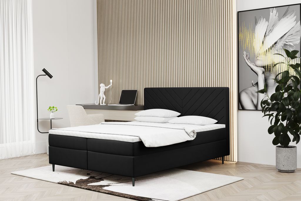 Kaiser Möbel Boxspringbett 140x200 mit bettkasten und matratze+topper, Schlafzimmerbett RUGIA Schwarz