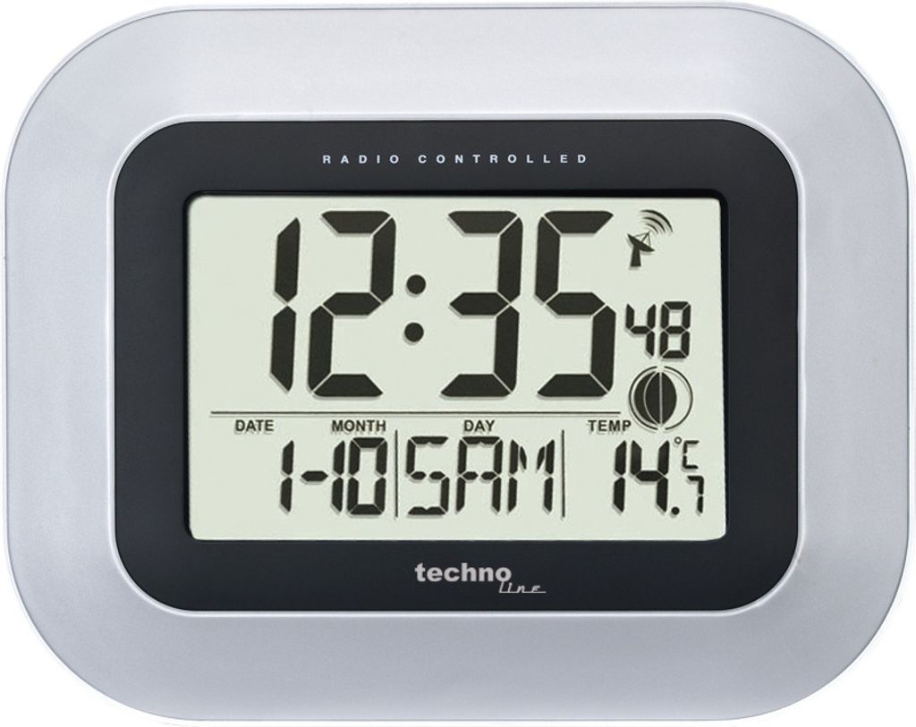 A digital clock displaying time, date, and temperature.