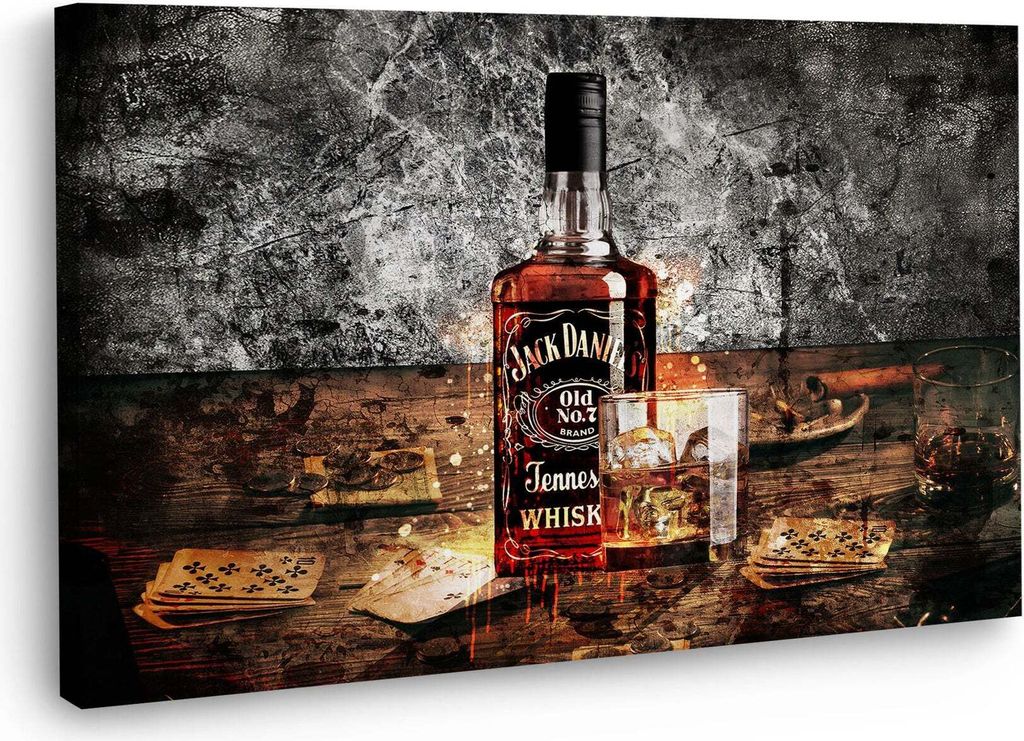 Whiskey Flasche und Glas Wandbild Leinwandbild Jack Kunstdruck XL Wanddeko: 150x100x4cm