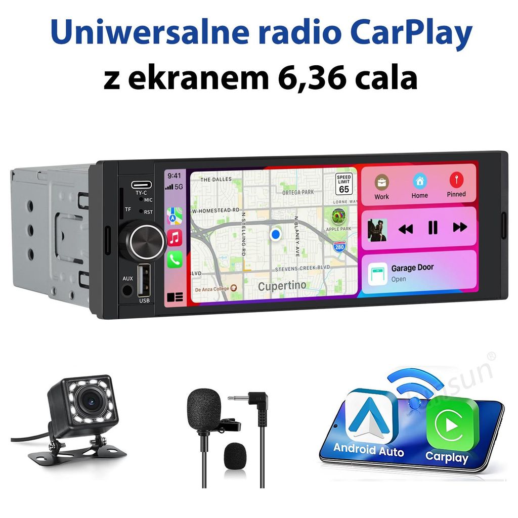 Junsun 6,36" Bezprzewodowy CarPlay Android Auto 1 DIN Radio Zdjęcie produktu 