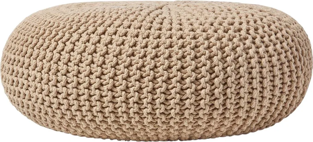 Pouf Rond en Coton Tricoté Blanc Crème - Siège d'Appoint Design Salon