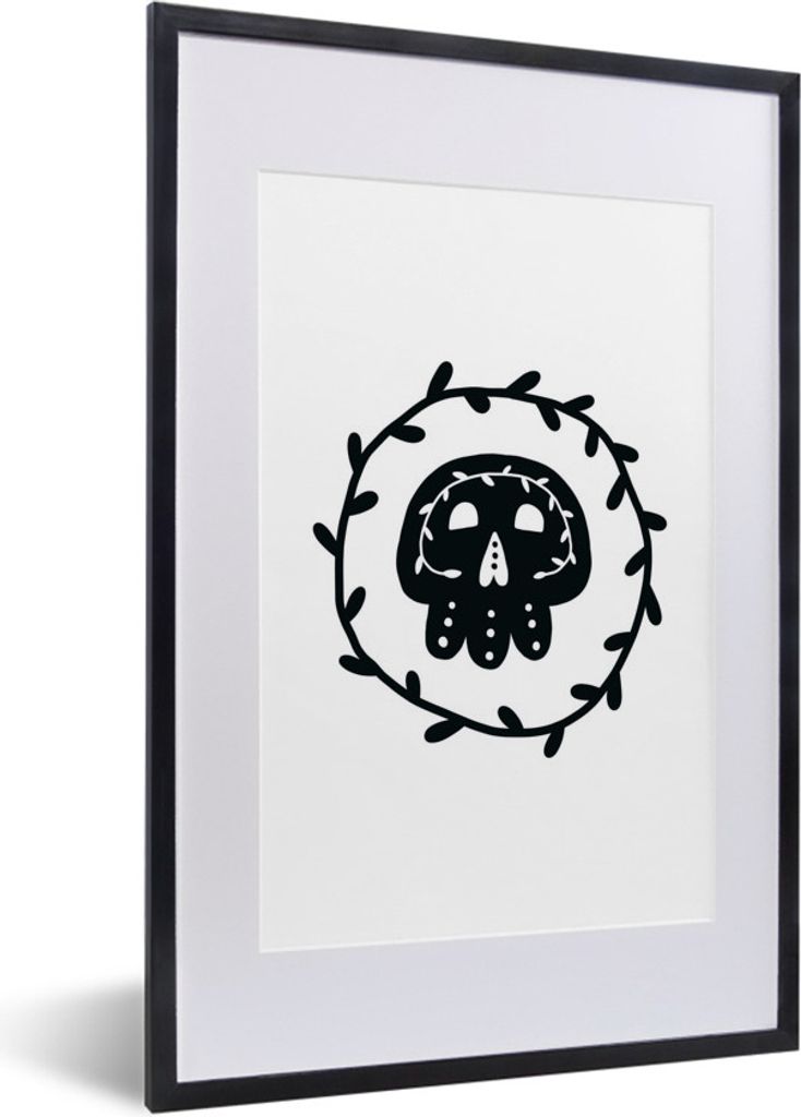 MuchoWow MuchoWow Gerahmtes Poster Totenkopf - Schwarz - Weiß - Halloween - Jungen - Mädchen - Baby 40x60 cm - Poster mit zchwarzem Bilderrah...