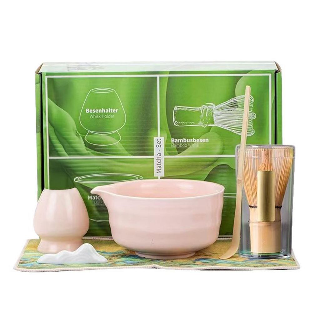 Japanisches Matcha-Set, 4-teilig, rosa, mit Schale und Bambus-Schneebesen (100 Borsten) für traditionelle Teezeremonien.
