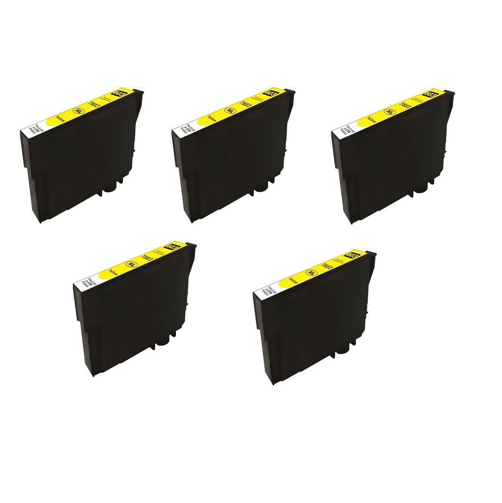 Five black ink cartridges with yellow labels are arranged in two rows on a white background.