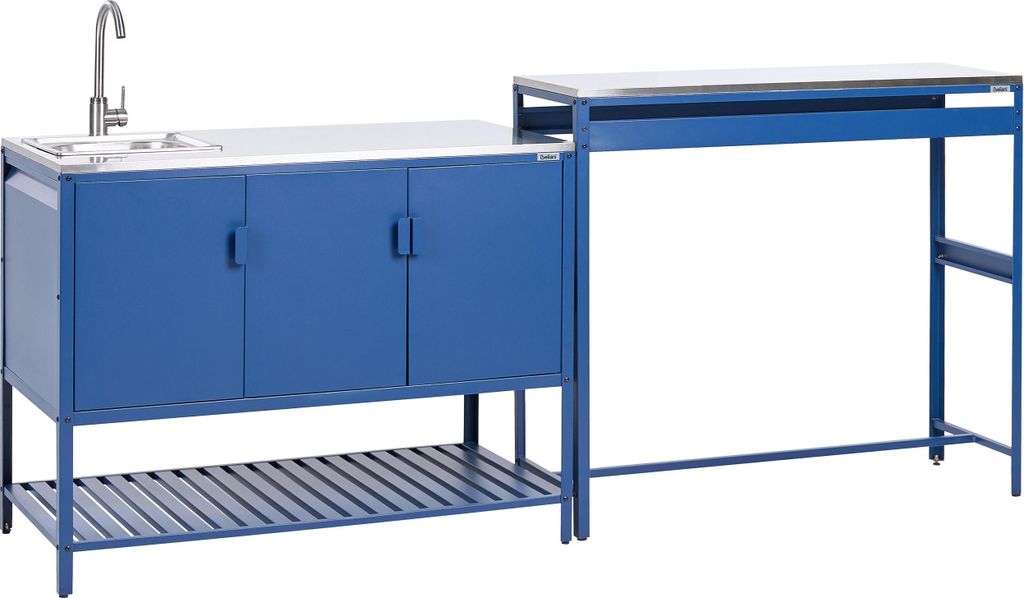 BELIANI Outdoor-Küche 2er Set Blau Stahl mit Spüle Bartisch Edelstahlplatte Modern Gartenküche Outdoor-Küchenmöbel Kücheninsel für Garten Dr...