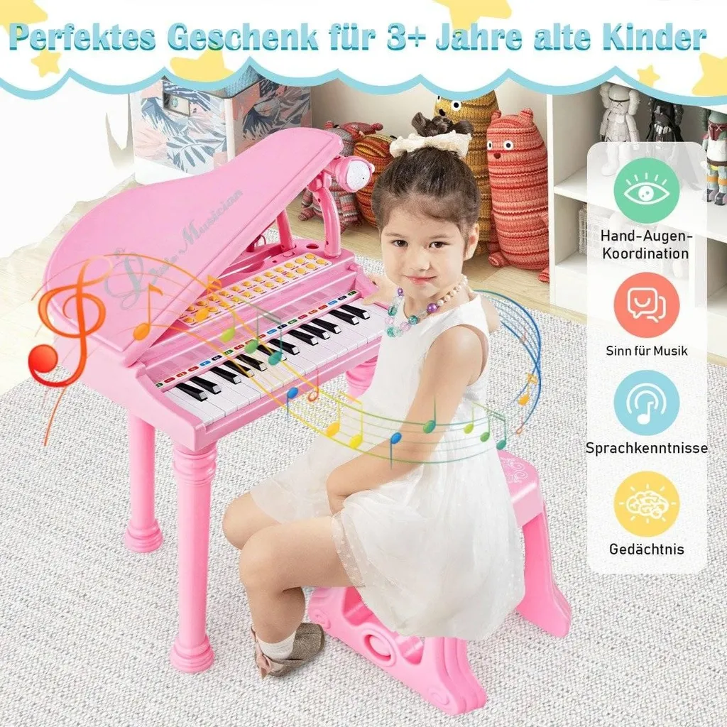 Piano d'éveil pour enfant 31 touches rose, set complet avec tabouret
