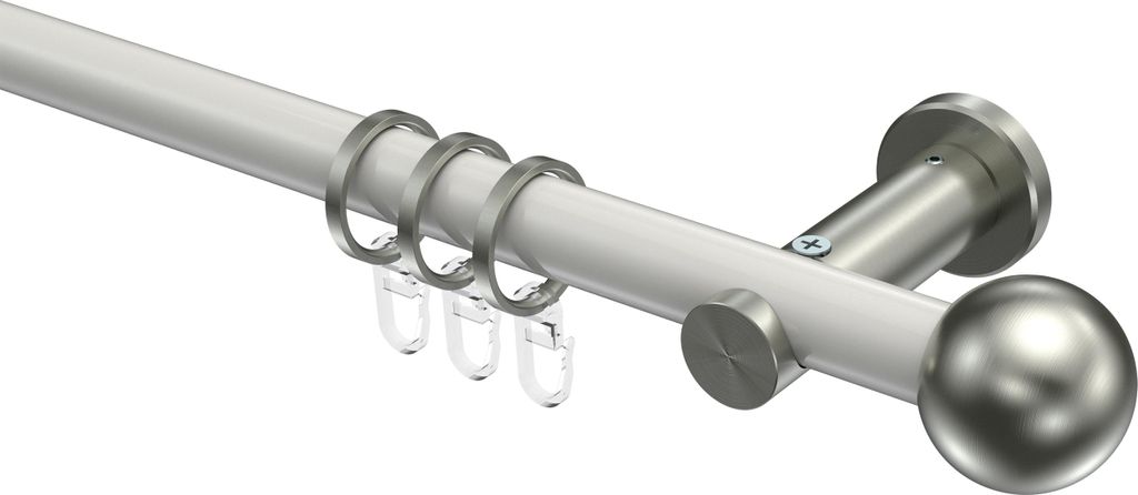 Interdeco Gardinenstange / Vorhangstange Weiß / Edelstahl-Optik, Typ Platon Luino (Kugel), 20 mm Ø 1-läufig, 220 cm