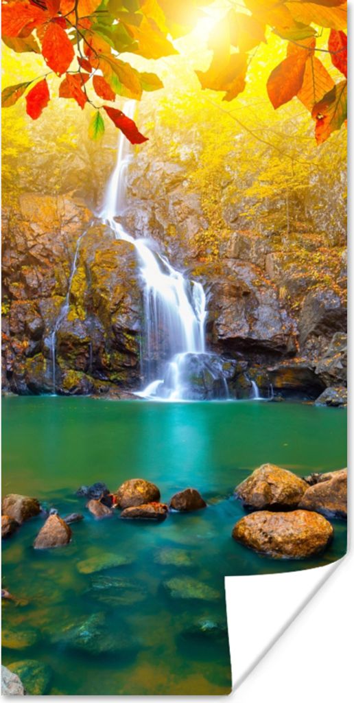 MuchoWow Poster Steine - Baum - Wasserfall - Herbst - Rot 40x80 cm - Dekoration