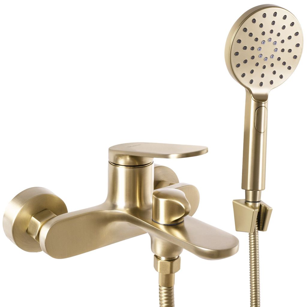 A gold-colored bathtub faucet and showerhead set against a white background.