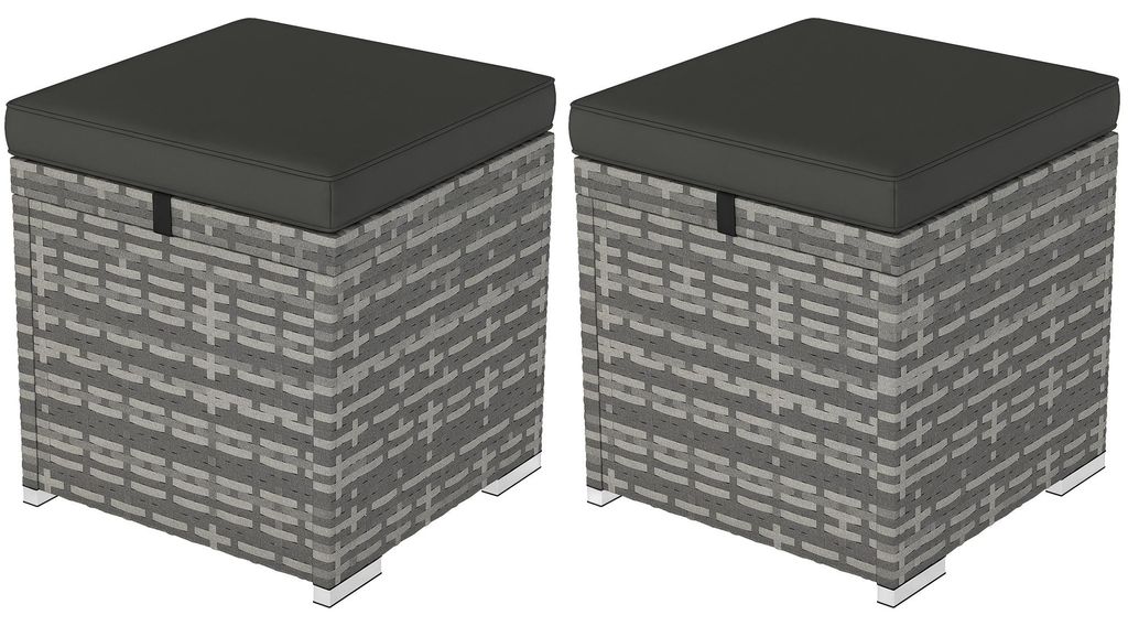 2er Set Rattan Hocker Sitzhocker mit Rattanoptik Stauraum Kissen Deckel 120 kg belastbar 40x40x41cm Dunkelgrau