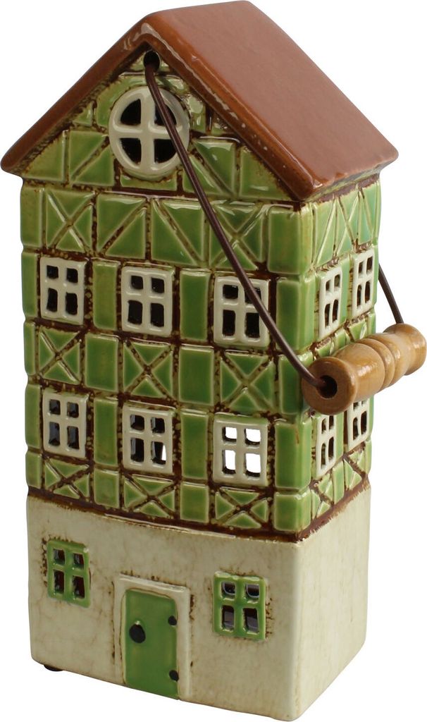 Windlicht Haus aus Keramik grün 26 cm hoch mit Henkel Produktbild 