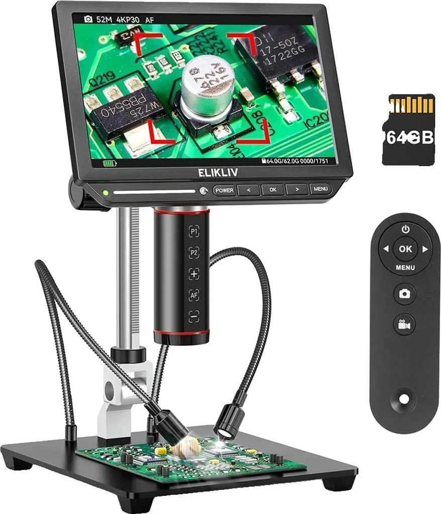 A digital microscope with a screen, a circuit board, a remote control, and a memory card.