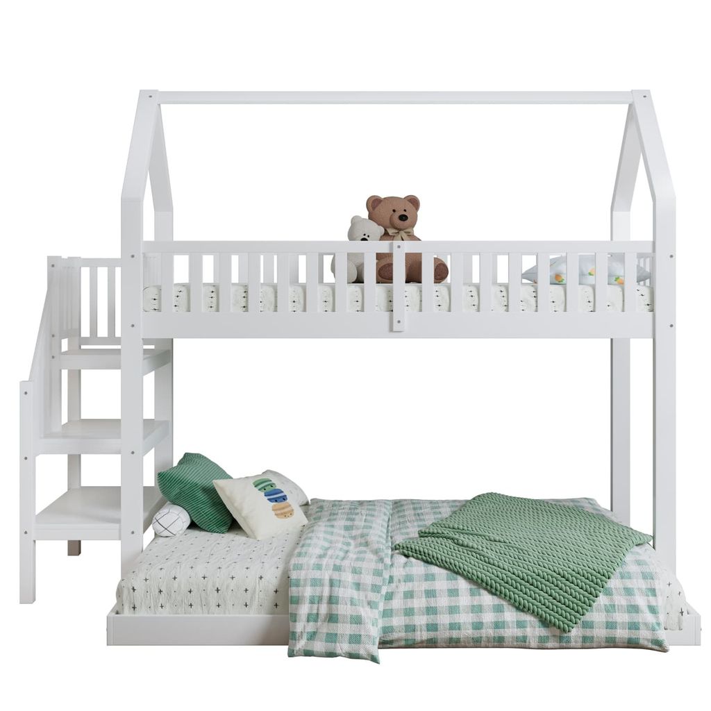 Etagenbett, Hausbett mit Treppe, Kinderbett mit Fallschutz und Gitter, Rahmen aus Kiefer, weiß (90x200&140*190cm)