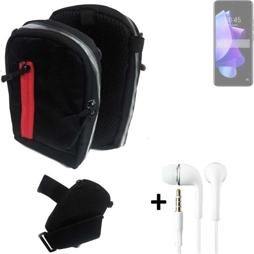 K-S-Trade Outdoor Gürteltasche Holster Umhängetasche + Kopfhörer kompatibel mit Tecno Pop 7 schwarz Handy Tasche Case travelbag Schutzhülle