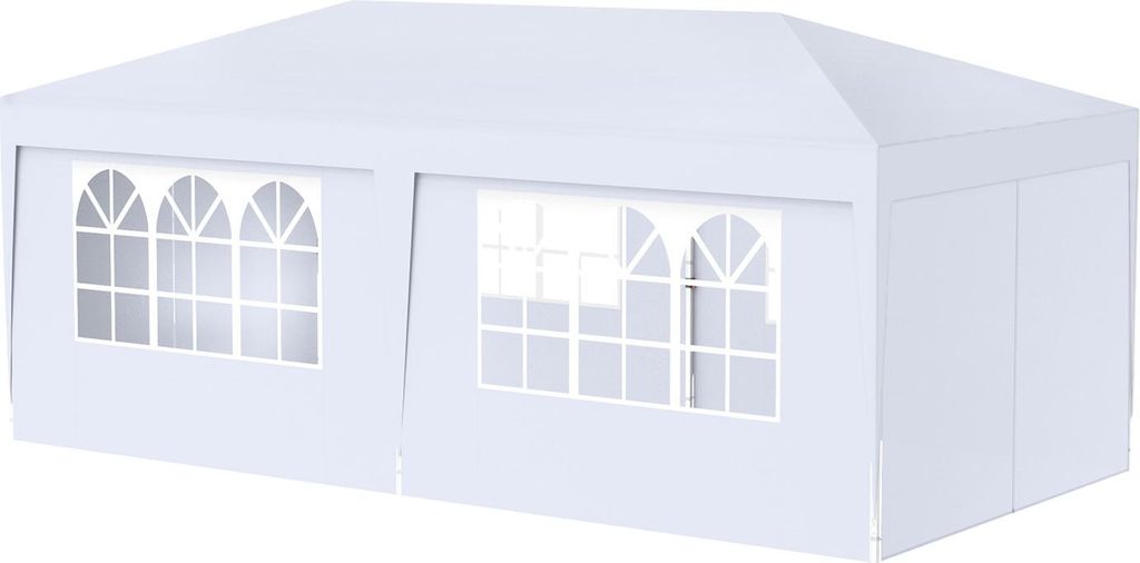 A white pop-up tent with windows.