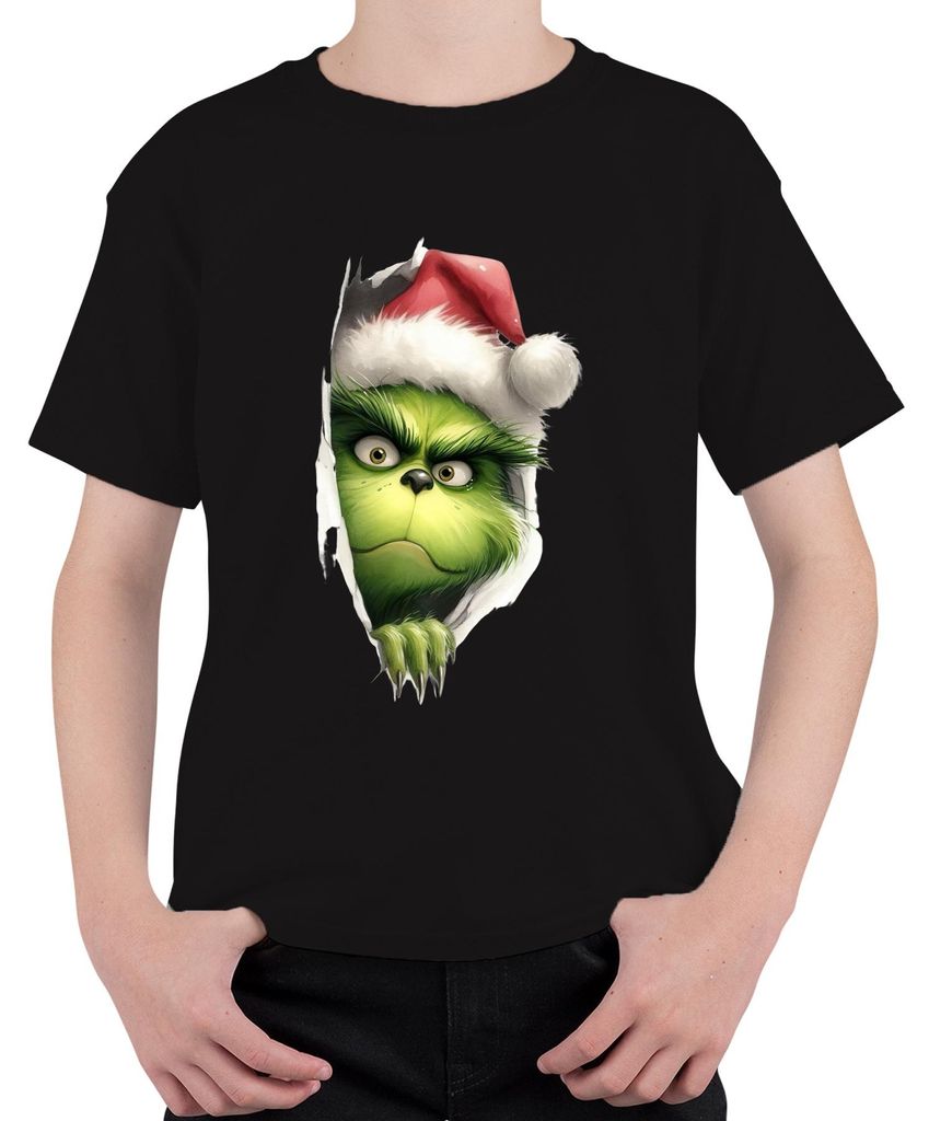 Grinch Weihnachten Gesicht Xmas Geschenk Santa Hut frech lustig Uni Kinder T-Shirt, Schwarz, 128