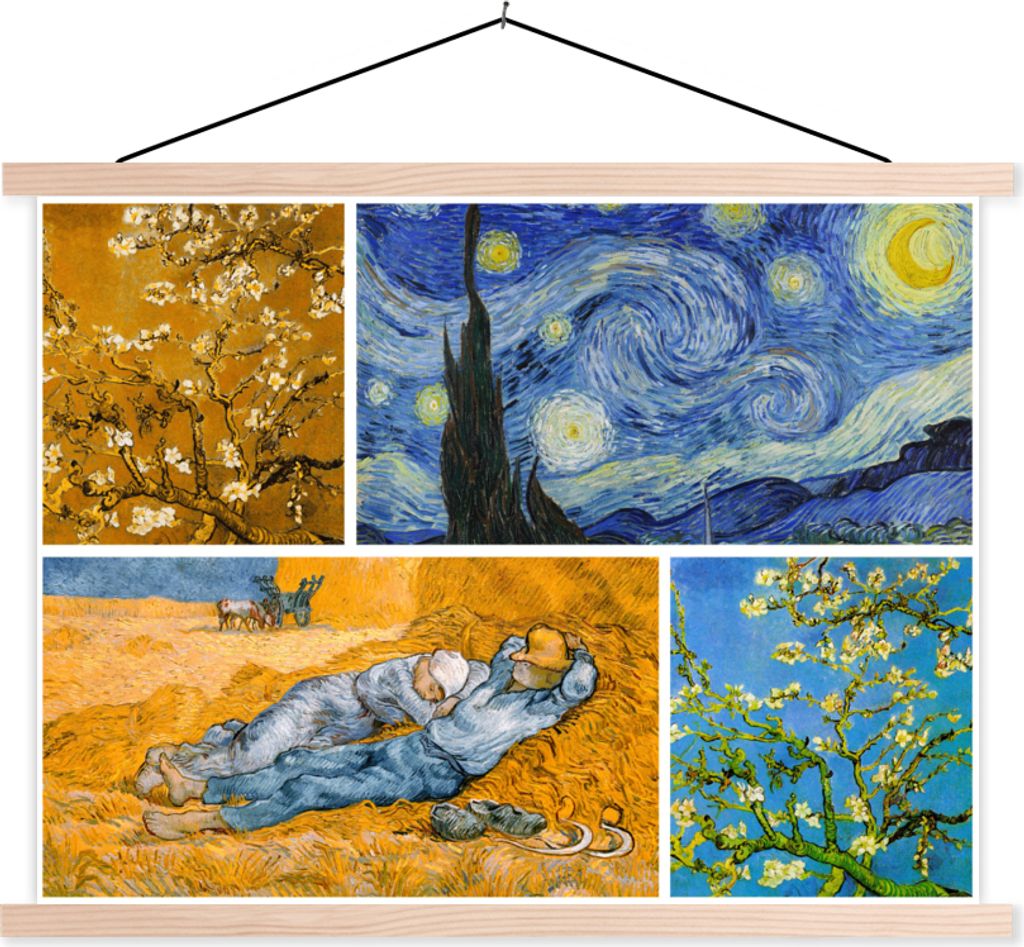 MuchoWow Textilposter Van Gogh - Collage - Kunst 40x30 cm mit holzfarbenen Rahmen - Bilder