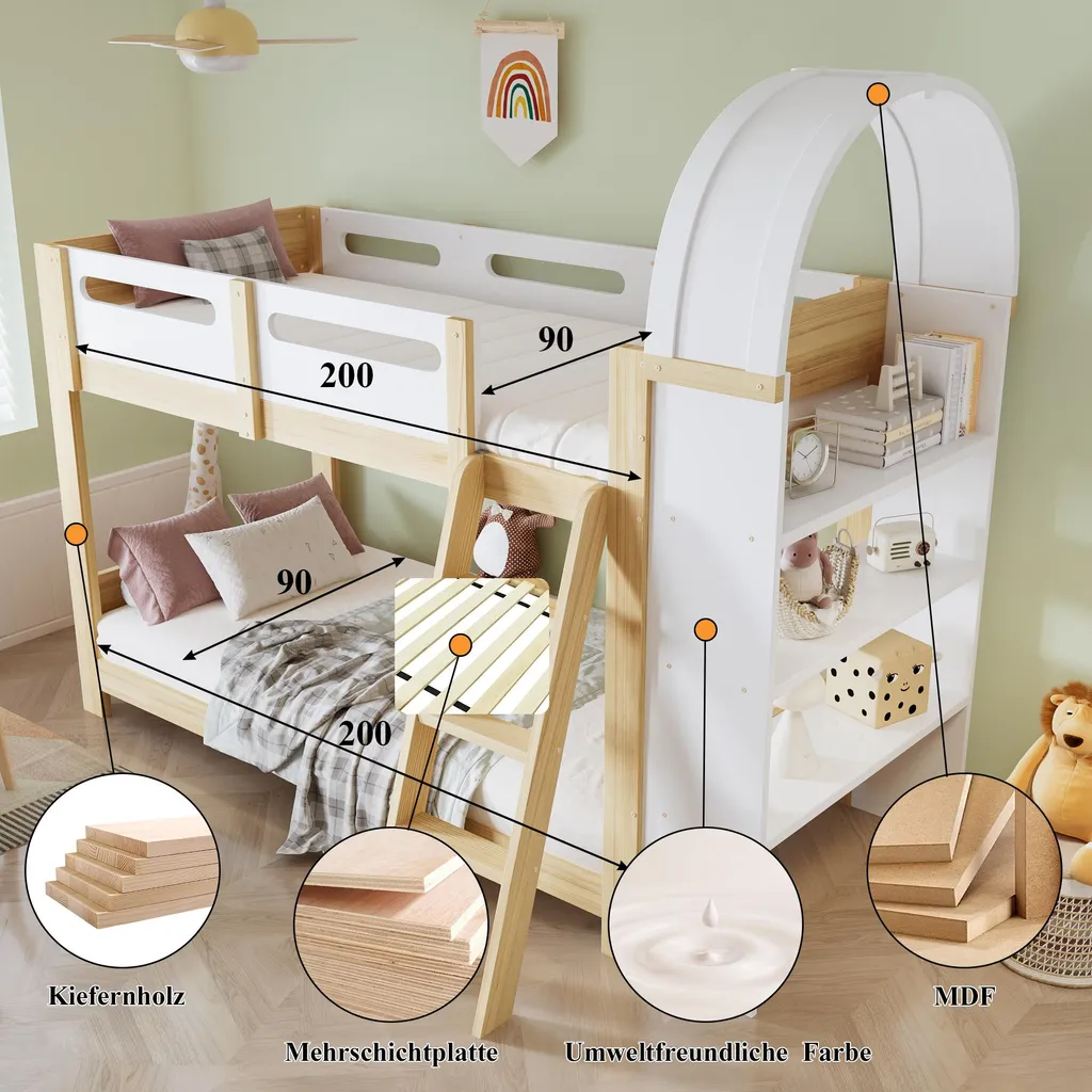 Lit Superposé Enfant 90x200cm avec Étagères de Rangement Intégrées - 4