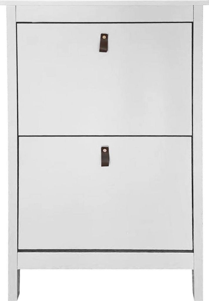 A white shoe cabinet with two drawers, each with a brown leather pull handle.