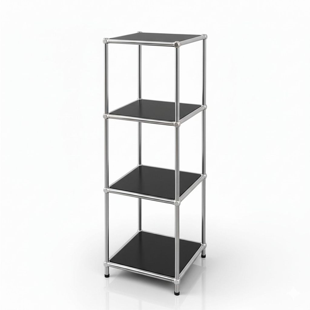 A three-tier shelving unit with black shelves and a silver metal frame, presented on a white background.