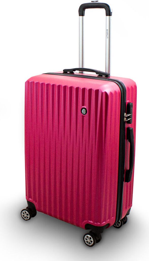 A pink hard-shell suitcase with a telescopic handle and wheels, presented against a white background.
