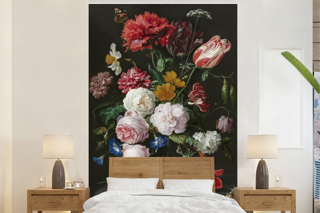 MuchoWow Fototapete für Wohnzimmer oder Schlafzimmer Wandtapete Vinyl Motivtapete Stilleben mit Blumen in einer Glasvase - Gemälde von Jan Davi...