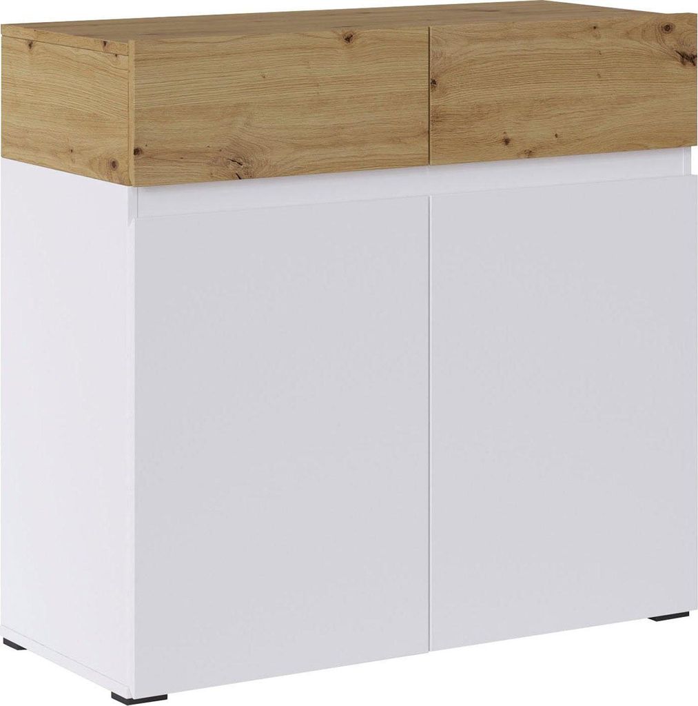 Kommode Rimini Sideboard 90x40x86cm grifflos Farbe wählbar,Weiß / Artisan Eiche