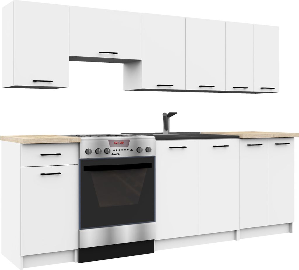 A white modular kitchen set with cabinets, a countertop, a sink, and a stove.