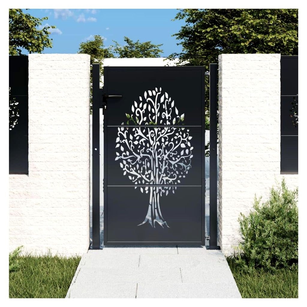 Gartentor Anthrazit mit Baum-Design, abschließbares Hoftor für Garten und Terrasse, 105x155 cm Stahl