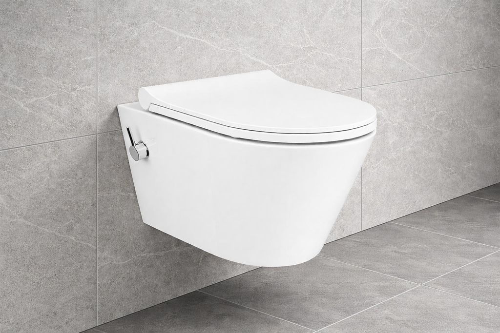 WC Spülrandlos Kurzform Wand Hänge WC Taharet Dusch-WC Toilette Softclose inkl . Armatur warm+kalt Anschluss 49 cm Kurzform Bidet-funktion Kreabad