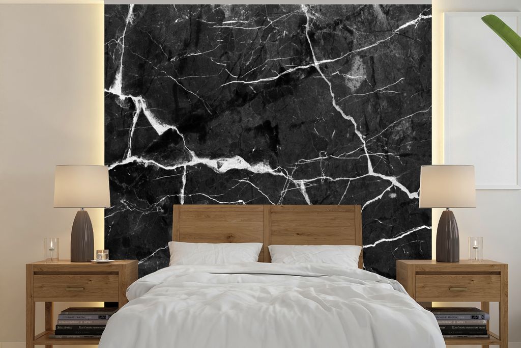 MuchoWow Fototapete für Wohnzimmer oder Schlafzimmer Wandtapete Vinyl Motivtapete Marmor - Linie - Weiß - Schwarz - 240x240 cm - Schlafzimmer-T...