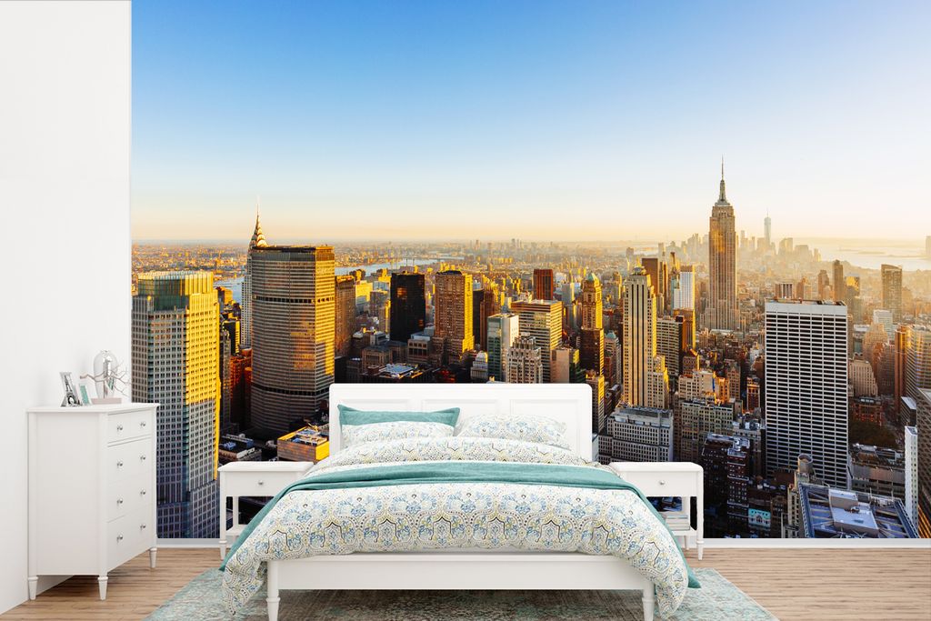 MuchoWow Fototapete für Wohnzimmer oder Schlafzimmer Wandtapete Vinyl Motivtapete New York - Sonne - Skyline - 360x240 cm - Vinyl-Tapete
