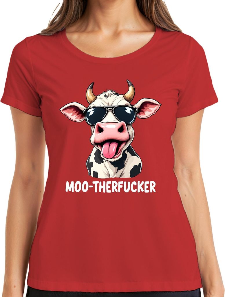 MOO-THERFUCKER lustige Kuh Sonnenbrille Cartoon Bauer Geschenk Damen T-Shirt, Rot, S