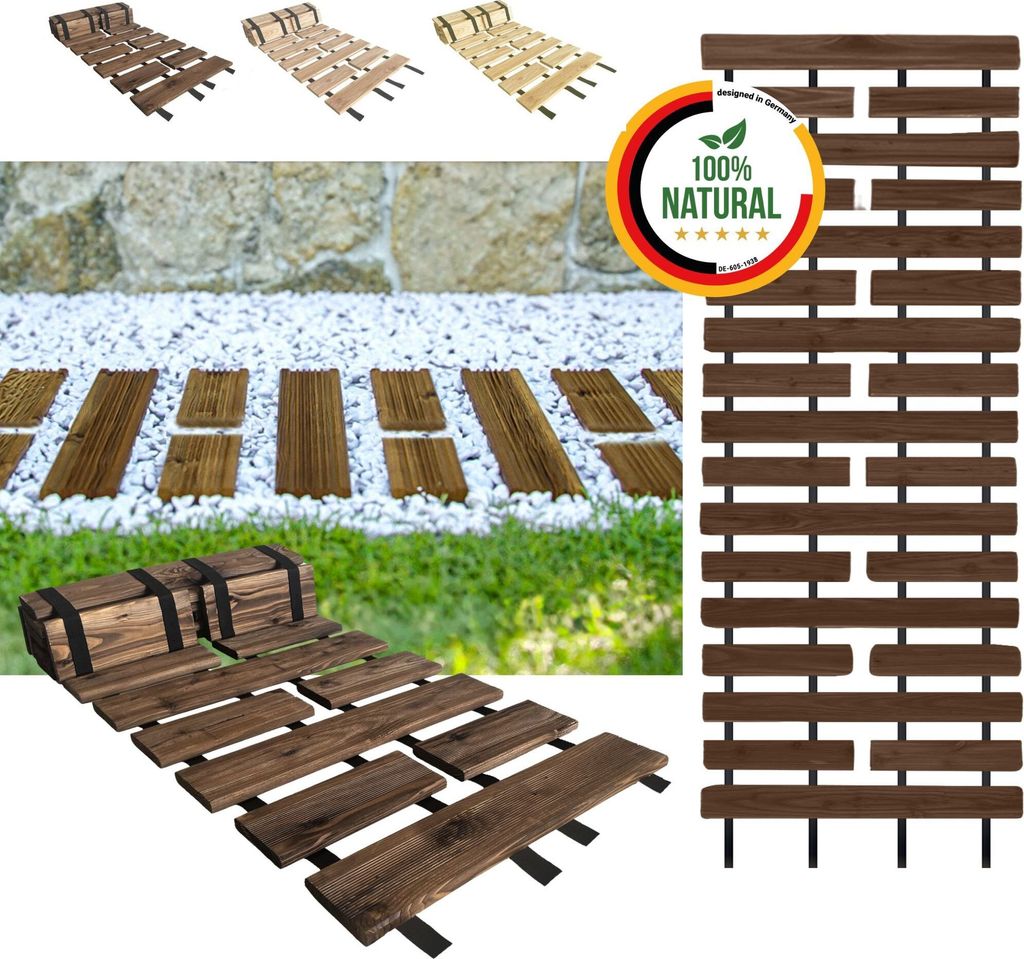 Collage of wooden garden path elements and a decorative screen.