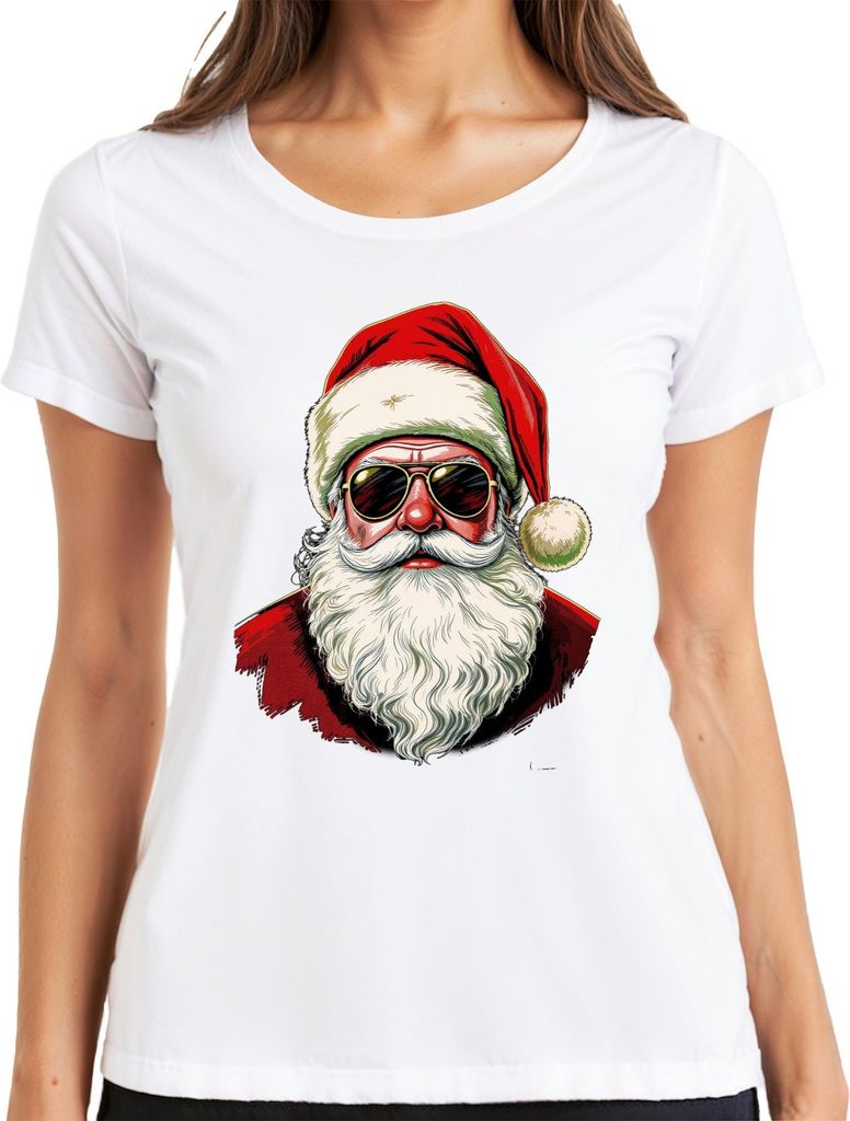 Weihnachtsmann Sonnenbrille Cool Hipster Retro Vintage Santa Mütz Damen T-Shirt, Weiß, L