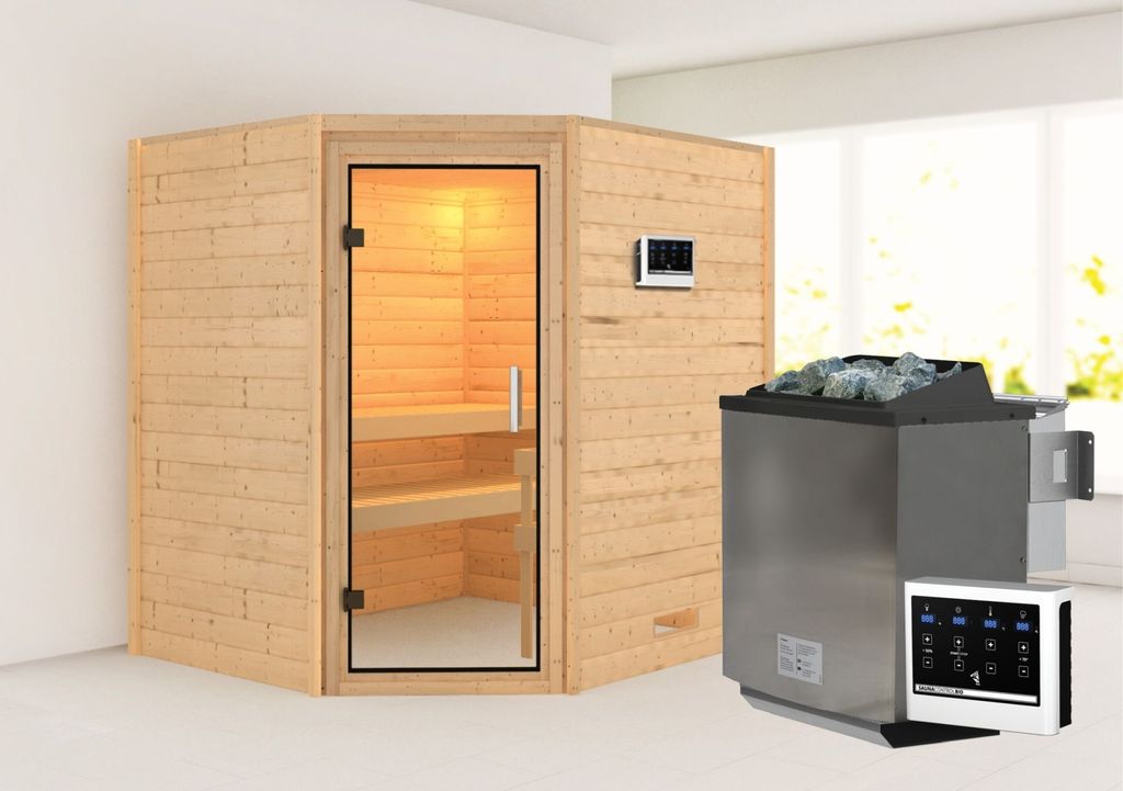 Karibu Sauna Innensauna Mia Eckeinstieg Ofen 9 kW externe Strg easy 196x169x198 cm ohne Dachkranz mit Klarglastür
