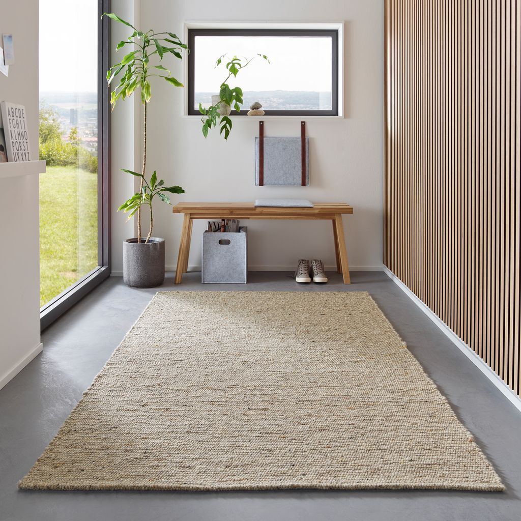 Wollteppich Handweb Teppich Gewalkt I Reine Schur-Wolle im Skandinavischen Design I Wohnzimmer Schlafzimmer Esszimmer Kinderzimer Büro | Natur Gra...