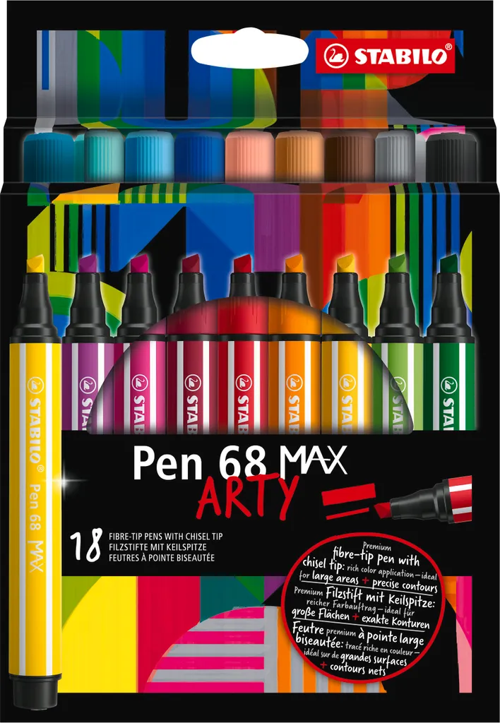 STABILO Pen 68 MAX ARTY Nero 18pz | Pennarello Professionale Punta Scalpello