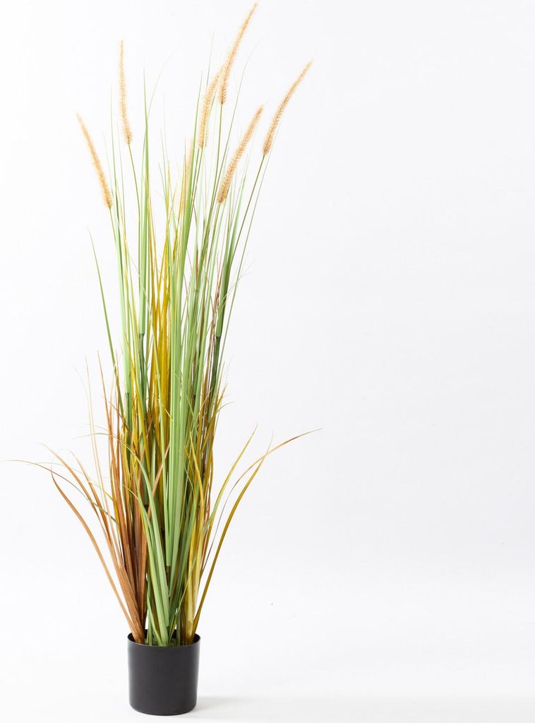 artplants.de Künstliches Lampenputzergras im Dekotopf, 7 Rispen, 120cm - Deko Gras - Künstlicher Grasbusch