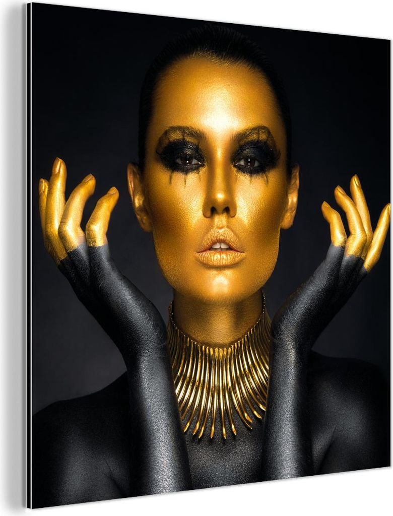 MuchoWow Wanddekoration Metall Metallbild Wandkunst 50x50 cm Frau - Porträt - Gold - Luxus - Schwarz MuchoWow Aluminium Gemälde - Alubild - Indus...