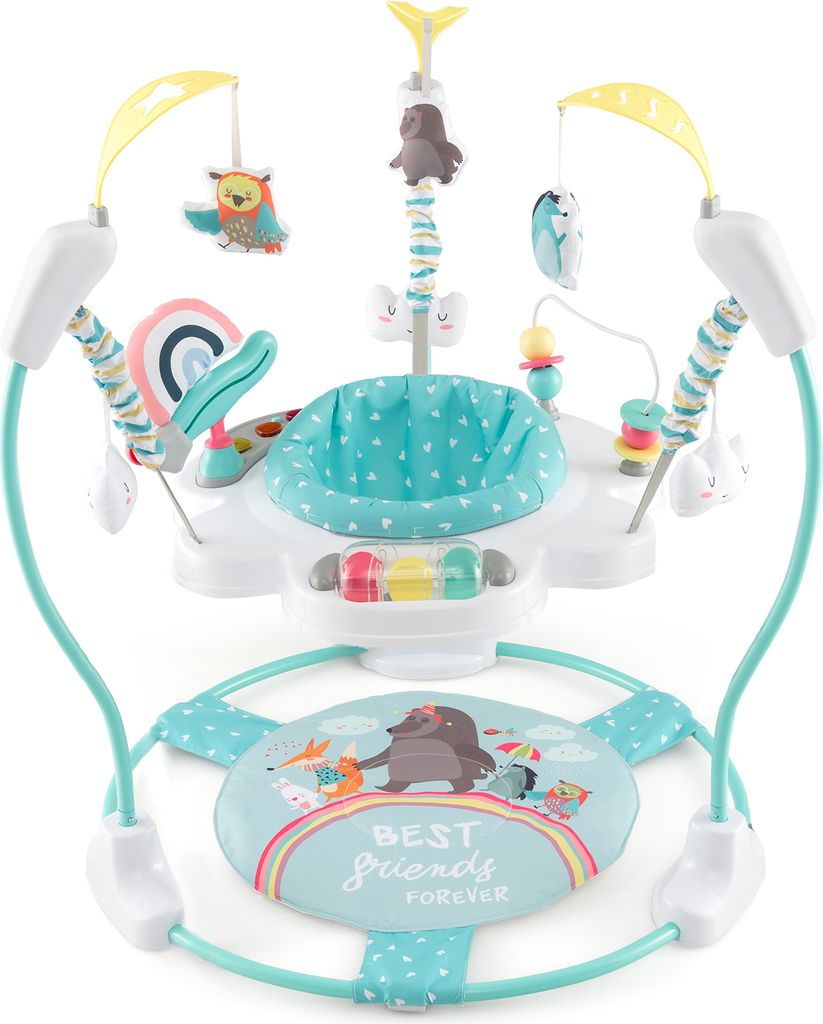 A baby jumperoo with various toys and a seat.