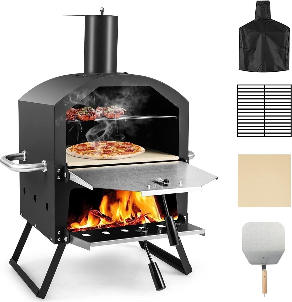 GOPLUS 2 in 1 Pizzaofen outdoor, Gartenofen aus Edelstahl mit Pizzagrill, Pizzaschaufel, Pizzastein für Party Camping Picknick, tragbarer Holzofen