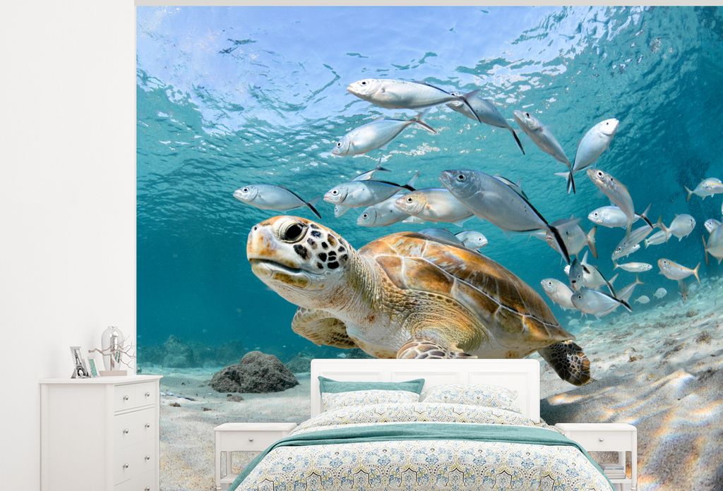 MuchoWow Fototapete für Wohnzimmer oder Schlafzimmer Wandtapete Vinyl Motivtapete Schildkröte - Fisch - Meer - 300x240 cm - Fototapeten