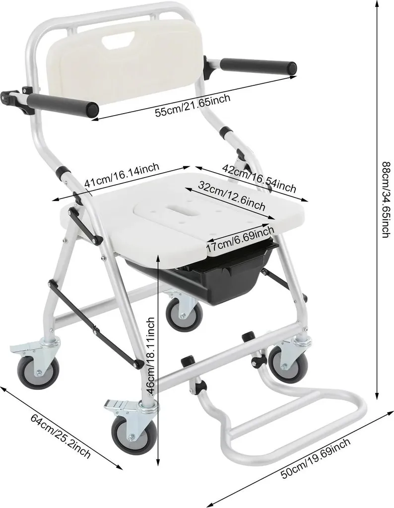 Chaise de douche à roulettes pliable en alu - Seau amovible 150 kg