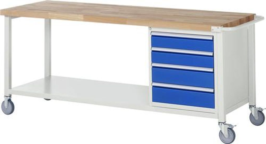 Mobile Werkbank mit Ablageboden - 4 Schubladen - Vollauszug - 120:2 / 150:2 - höhenverstellbar 880-1.080 mm - 2.000 x 700 mm (BxT) - Traglast 450 kg
