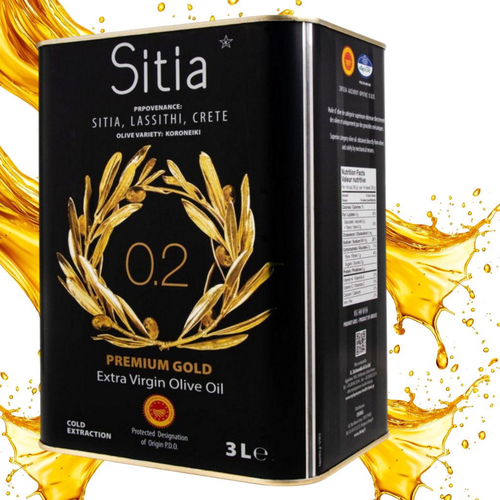 A large metal tin of olive oil with gold olive branches and text on a white and yellow background with splashes of oil.